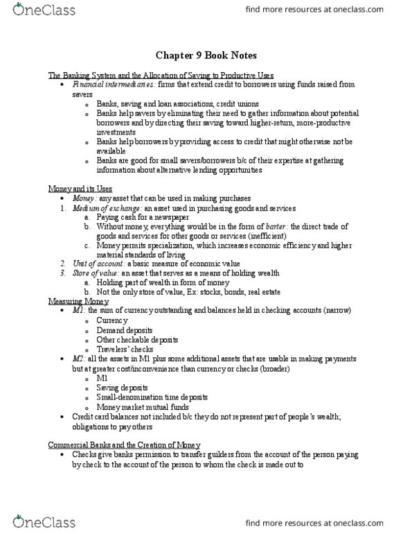 L11 Econ 1021 Chapter Notes - Chapter 9: Monetary Policy, Barter, Bank Reserves thumbnail