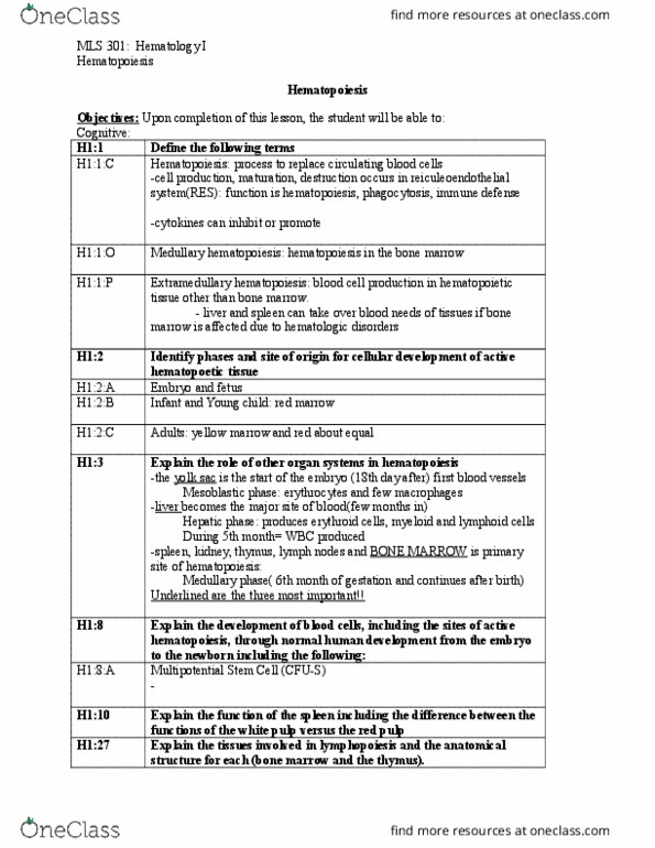 MLS 301 Lecture Notes - Lecture 4: White Pulp, Yolk Sac, Lymphopoiesis thumbnail