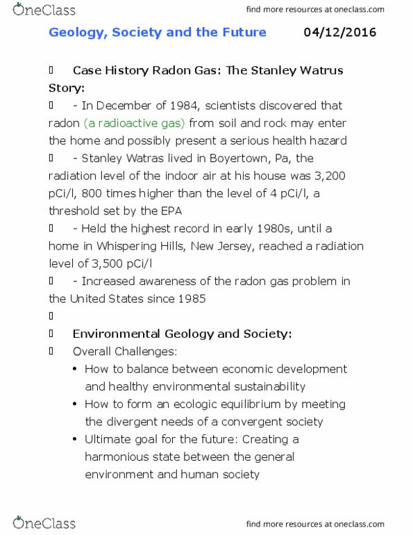 GEOL 105 Lecture Notes - Lecture 9: Radon, National Environmental Policy Act, Toxic Heavy Metal thumbnail