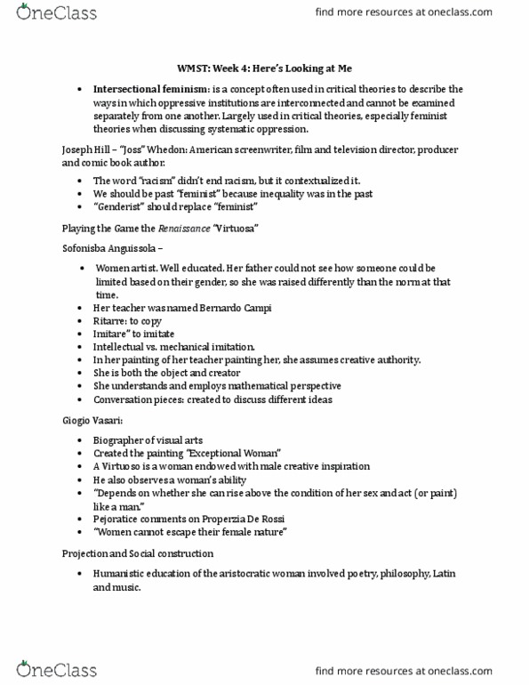 WMST 2000 Lecture Notes - Lecture 4: Sofonisba Anguissola, Television Director, Humanistic Education thumbnail