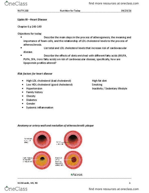 NUTR 200 Lecture Notes - Lecture 15: Trans Fat, High-Density Lipoprotein, Atherosclerosis thumbnail
