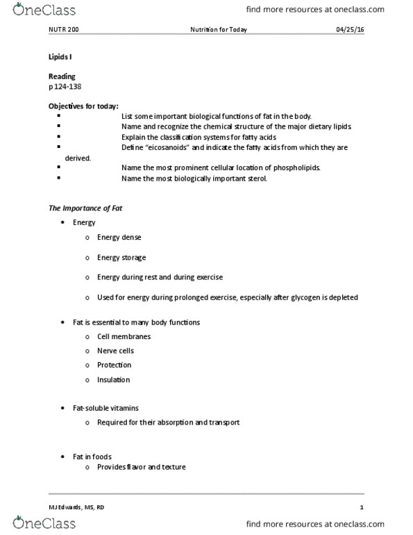 NUTR 200 Lecture Notes - Lecture 13: Trans Fat, Digestion, Safflower thumbnail