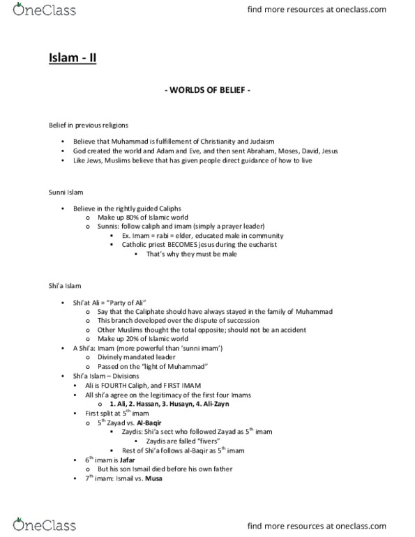 RELI 1710 Lecture Notes - Lecture 10: Imamate, Mevlevi Order, Surah thumbnail