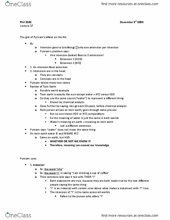 PHIL 2501 Lecture Notes - Lecture 17: Twin Earth Thought Experiment, Indexicality, Natural Kind thumbnail