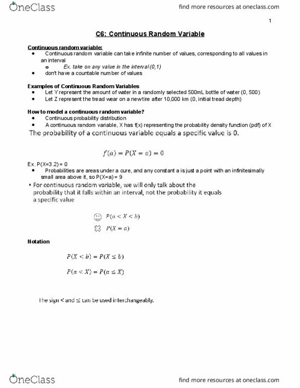 STAT211 Chapter Notes - Chapter 6: Probability Density Function, Probability Distribution, Random Variable thumbnail