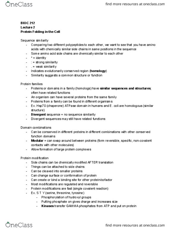 BIOC 212 Lecture Notes - Lecture 2: Threonine, Ovalbumin, Hsp60 thumbnail