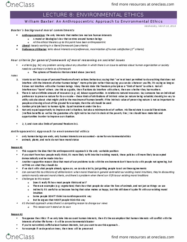 PHI 1102 Lecture Notes - Lecture 8: Pinus Lambertiana, Anthropocentrism, Standing Rib Roast thumbnail