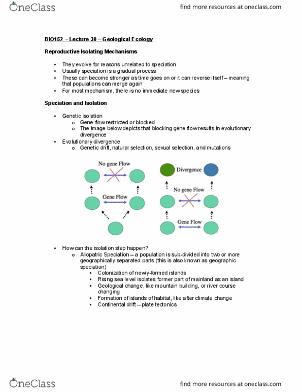 BIOLOGY 152 Lecture Notes - Lecture 30: Allopatric Speciation, Genetic Drift, Gene Flow thumbnail