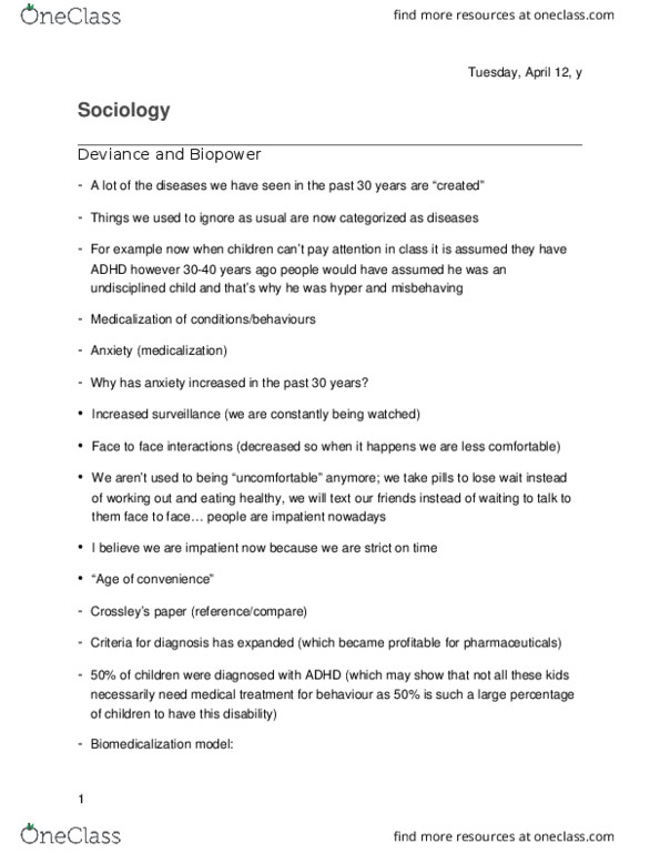 SOC100 Lecture Notes - Lecture 23: Consumerism, Dietitian, Biopower thumbnail