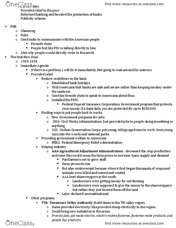 HIS 106 Lecture Notes - Lecture 14: Federal Emergency Relief Administration, Federal Deposit Insurance Corporation, Civil Works Administration thumbnail