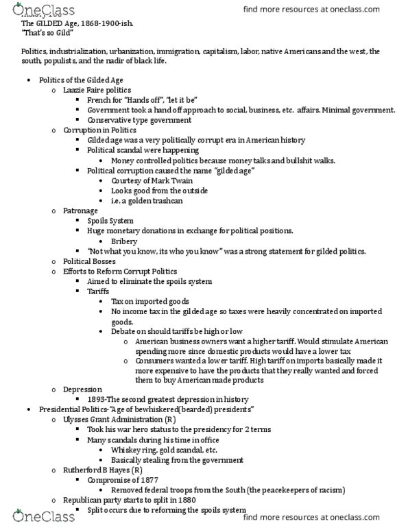 HIS 106 Lecture Notes - Lecture 9: Grover Cleveland, Chester A. Arthur, Rutherford B. Hayes thumbnail