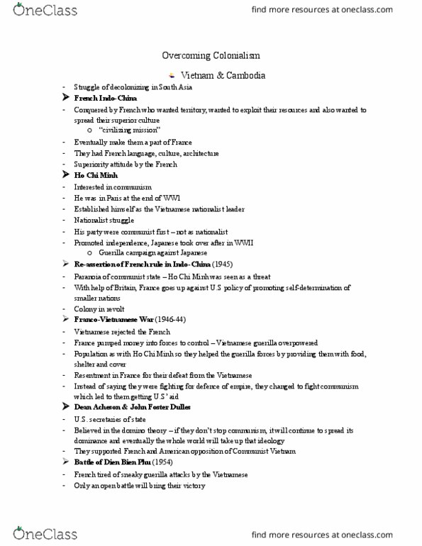HIST 140 Lecture Notes - Lecture 8: Ngo Dinh Diem, Geneva Conference (1954), Paris Peace Accords thumbnail