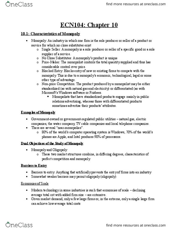 ECN 104 Chapter Notes - Chapter 10: Monopolistic Competition, Monopoly Price, Marginal Revenue thumbnail