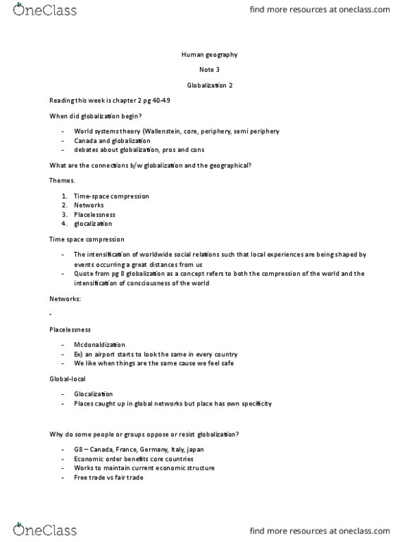 GEOG 1F90 Lecture Notes - Lecture 3: Glocalization, Free Trade, Core Countries thumbnail