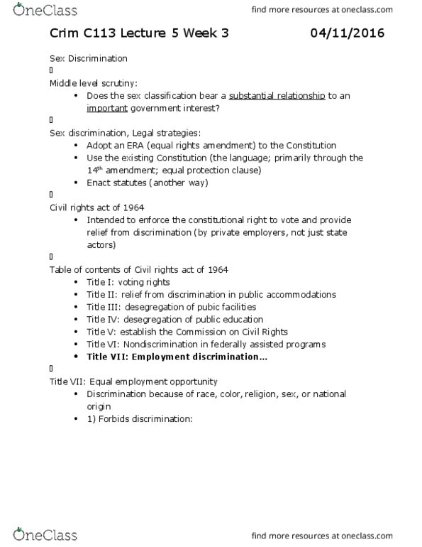 CRM/LAW C113 Lecture Notes - Lecture 5: Equal Employment Opportunity, Civil Rights Act Of 1964, Equal Protection Clause thumbnail