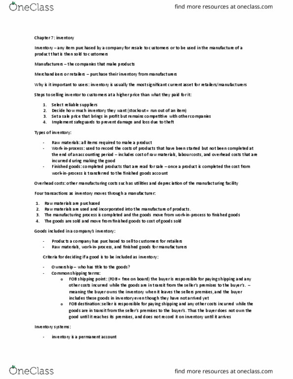 BUS 251 Chapter Notes - Chapter 7: Write-Off, Gross Margin, Weighted Arithmetic Mean thumbnail