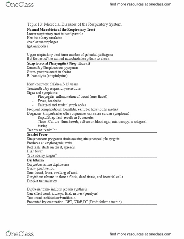 BIOL 3053 Lecture Notes - Lecture 13: Streptococcal Pharyngitis, Corynebacterium Diphtheriae, Pertussis Toxin thumbnail