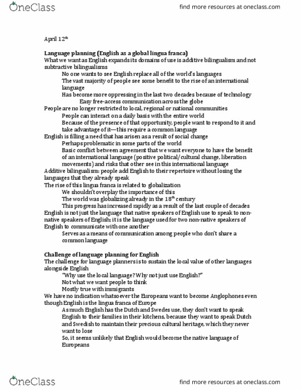 LING 320 Lecture Notes - Lecture 22: Language Planning, Language Shift, Charter Of The French Language thumbnail