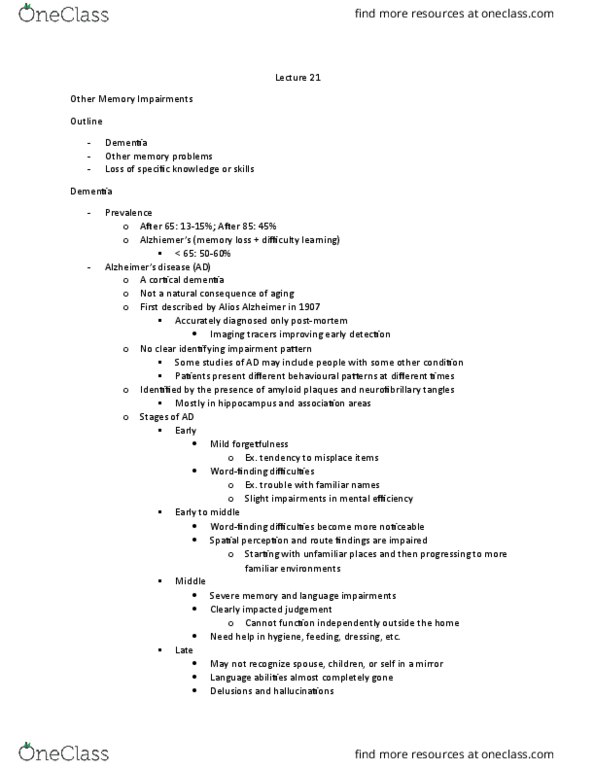 PSYC 3330 Lecture Notes - Lecture 21: Neurofibrillary Tangle, Substantia Nigra, Amyloid thumbnail