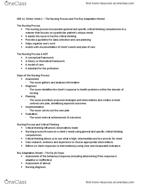 NSE11 Lecture Notes - Lecture 1: Nursing Process, Critical Thinking, Smart Criteria thumbnail