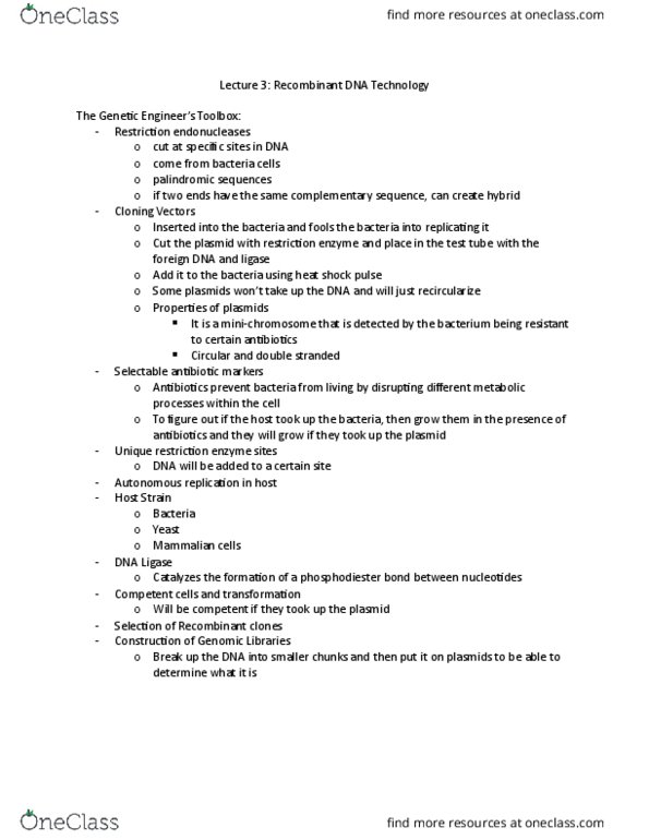 BIOL 2030 Lecture Notes - Lecture 3: Dna Ligase, Recombinant Dna, Restriction Enzyme thumbnail