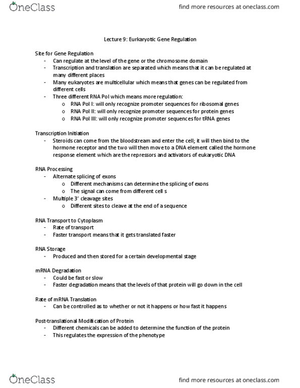 BIOL 2030 Lecture Notes - Lecture 9: Rna Polymerase Iii, Hormone Response Element, Transfer Rna thumbnail