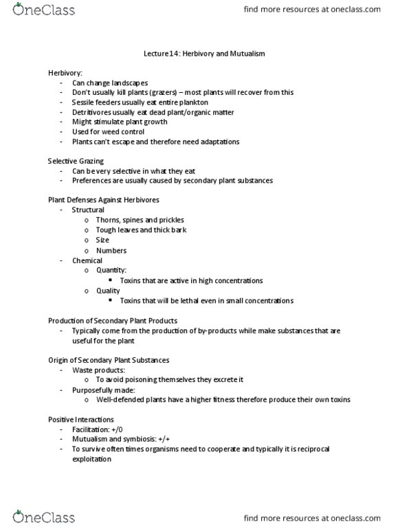 BIOL 2060 Lecture Notes - Lecture 14: Herbivore, Detritivore, Coevolution thumbnail