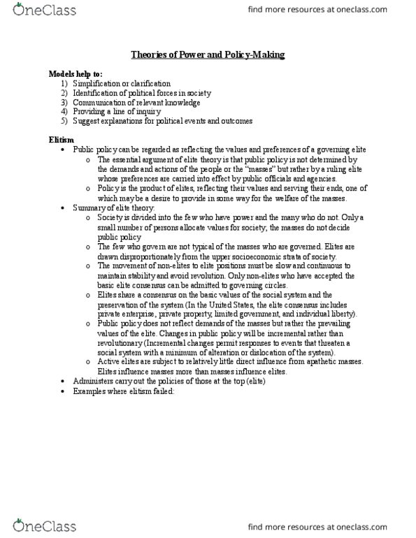PO345 Lecture Notes - Lecture 3: Elite Theory, Elitism, Limited Government thumbnail