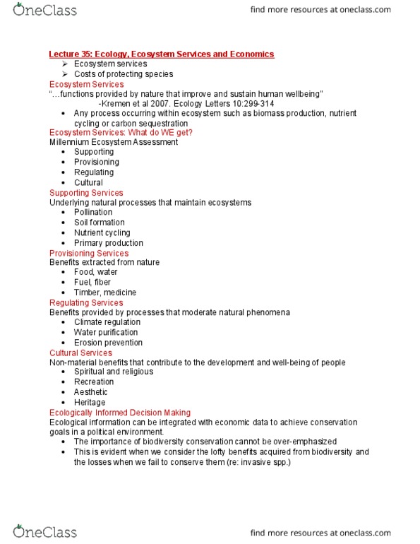 BIOL208 Lecture Notes - Lecture 35: Millennium Ecosystem Assessment, Ecosystem Services, Water Purification thumbnail