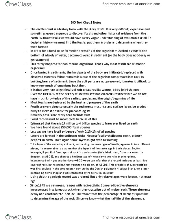 BIO120H1 Chapter Notes - Chapter 2: Pope Pius Xi, Radiometric Dating, Igneous Rock thumbnail