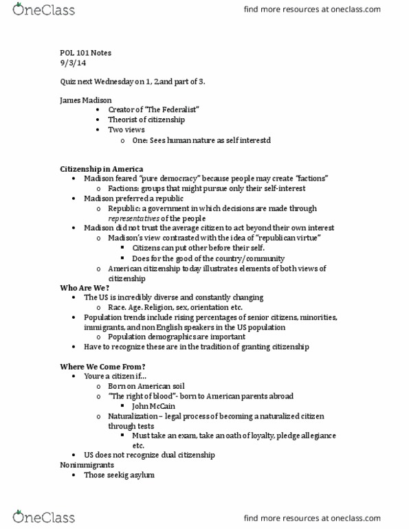 POL 101 Lecture Notes - Lecture 3: Homeland Security, Immigration Law thumbnail