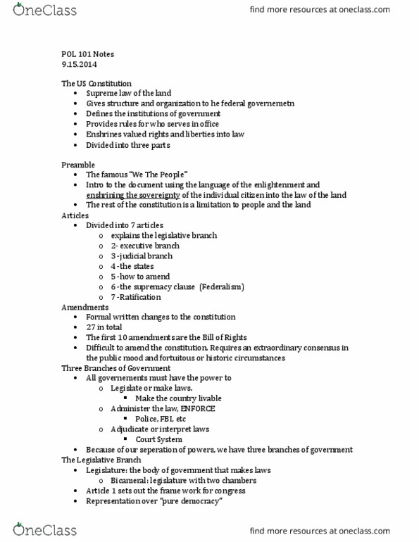 POL 101 Lecture Notes - Lecture 8: Supremacy Clause, Bicameralism, Parliamentary System thumbnail