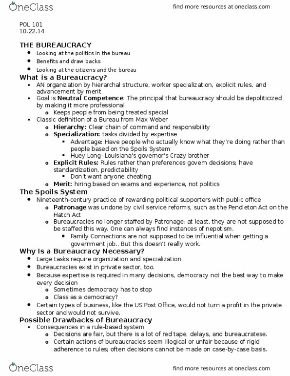 POL 101 Lecture Notes - Lecture 21: Pendleton Civil Service Reform Act, Spoils System, Nepotism thumbnail