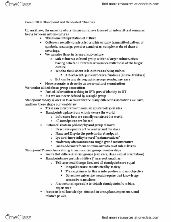 COMM 1100 Lecture Notes - Lecture 24: Standpoint Theory, Metanarrative, Subculture thumbnail