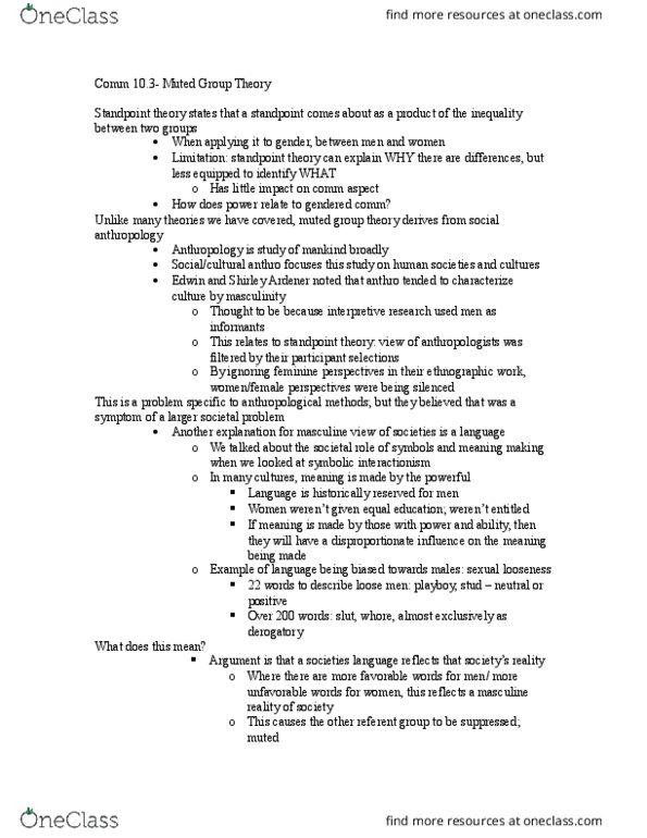 COMM 1100 Lecture Notes - Lecture 25: Muted Group Theory, Standpoint Theory, Symbolic Interactionism thumbnail