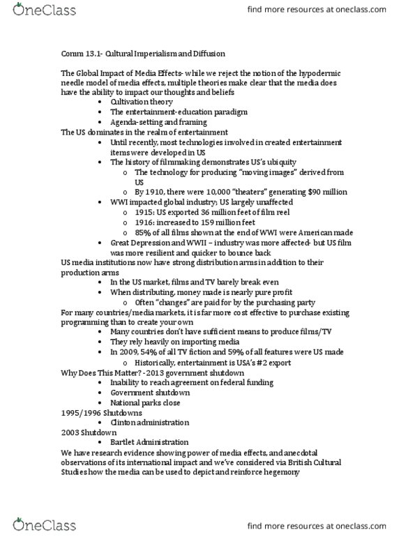 COMM 1100 Lecture Notes - Lecture 31: United States Federal Government Shutdown Of 2013, Hypodermic Needle Model, Cultural Studies thumbnail