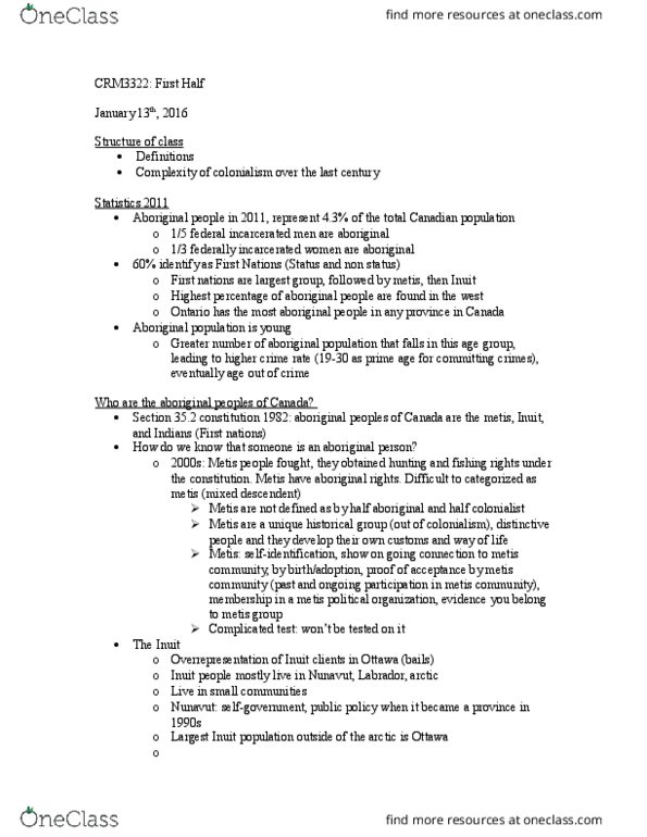CRM 3322 Lecture Notes - Lecture 10: Constitution Act, 1982, Aboriginal Peoples In Canada, Indian Act thumbnail