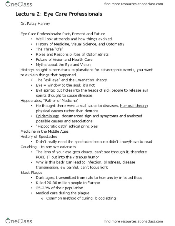 OPTOM 10 Lecture Notes - Lecture 2: Andreas Vesalius, Vitreous Body, Optometry thumbnail