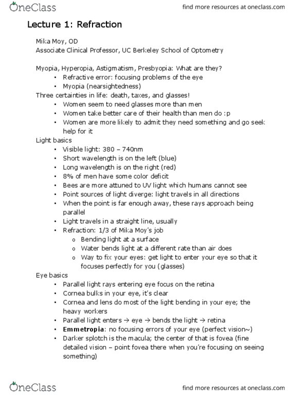 OPTOM 10 Lecture Notes - Lecture 1: Twin, Refractive Error, Refraction thumbnail