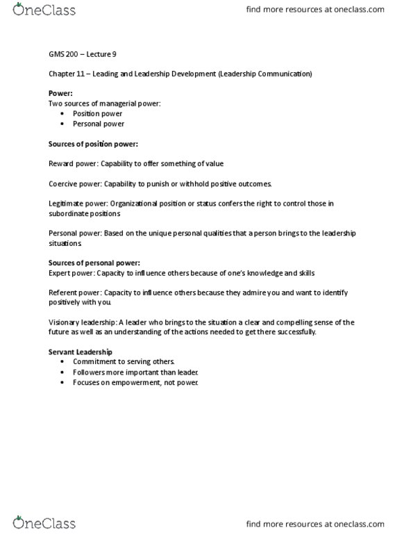 GMS 200 Lecture Notes - Lecture 9: Situational Leadership Theory, Active Listening, Transactional Leadership thumbnail