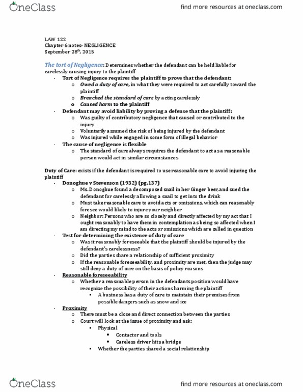 LAW 122 Chapter Notes - Chapter 6: Contributory Negligence, Ginger Beer, Legal Tests thumbnail