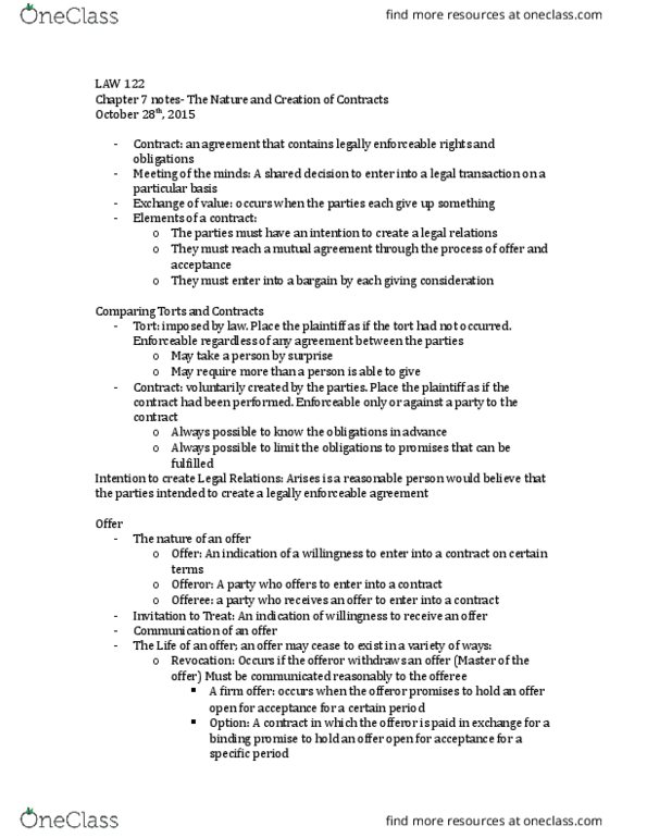 LAW 122 Chapter Notes - Chapter 7: Contract, Posting Rule thumbnail