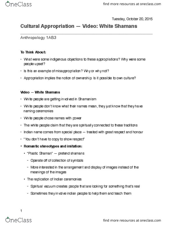 ANTHROP 1AB3 Lecture Notes - Lecture 13: Plastic Shaman, The White People, Cultural Appropriation thumbnail