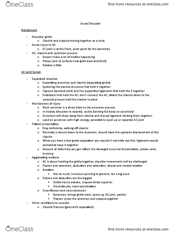 KINESIOL 3K03 Lecture Notes - Lecture 12: Shoulder Girdle, Clavicle Fracture, Acromion thumbnail