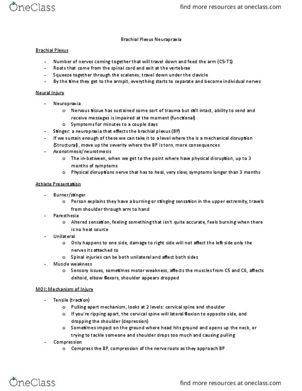 KINESIOL 3K03 Lecture Notes - Lecture 4: Brachial Plexus, Neurapraxia, Spinal Cord Injury thumbnail