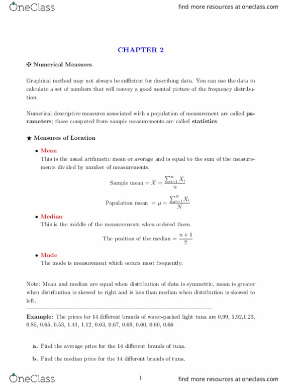 STAT 2507 Lecture Notes - Lecture 2: Standard Deviation, Variance, Interquartile Range thumbnail