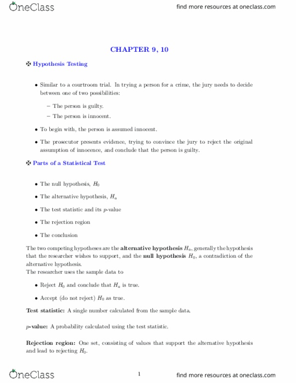 STAT 2507 Lecture Notes - Lecture 9: Type I And Type Ii Errors, Null Hypothesis, Alternative Hypothesis thumbnail