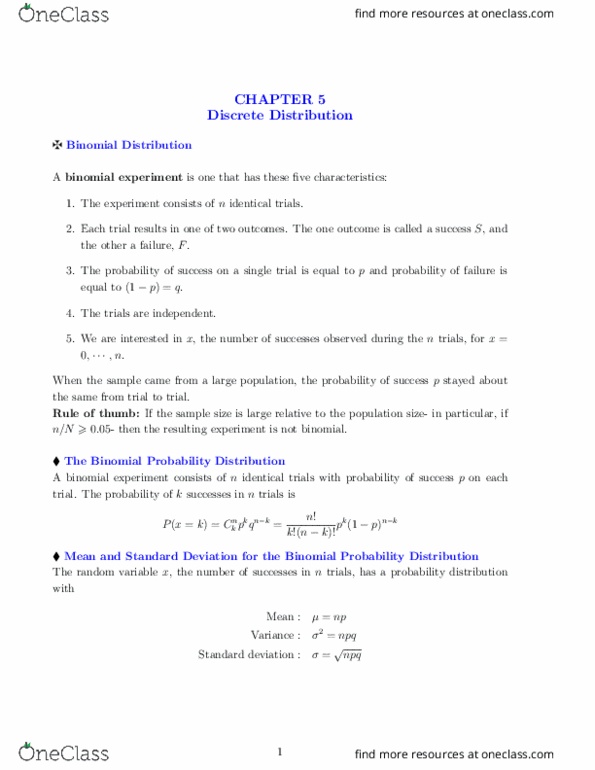 STAT 2507 Lecture Notes - Lecture 5: Poisson Distribution, Cumulative Distribution Function, Standard Deviation thumbnail