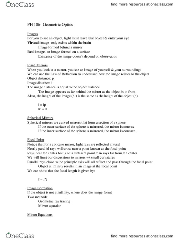 PH 106 Lecture Notes - Lecture 28: Curved Mirror, Virtual Image, Real Image thumbnail