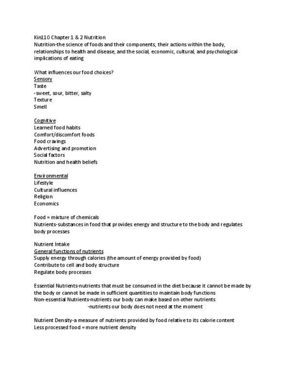 BPK 110 Chapter Notes - Chapter 1: Monounsaturated Fat, Polyunsaturated Fat, Nutrient Density thumbnail